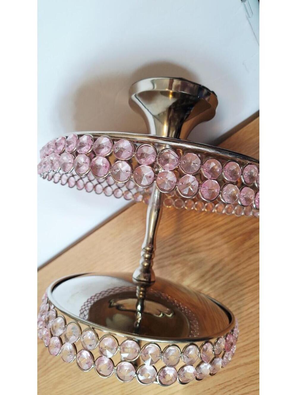 2-Tier Silver Metal Serving Stand Pink Faux Crystal Beads Dessert Jewelry Tower - Picture 13 of 16